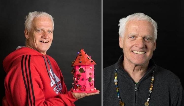 A split image with a man holding a red birdhouse and the same man smiling and wearing a beaded necklace