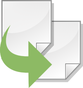 Copy file clip art showing two identical pages and a green arrow indicating duplication