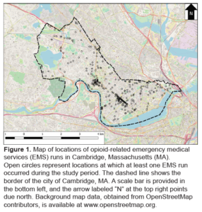 Map of locations of opioid related EMS runs in Cambridge, Massachusetts