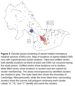 Figure 3 Map of locations of opioid related EMS runs with superimposed cluster analysis