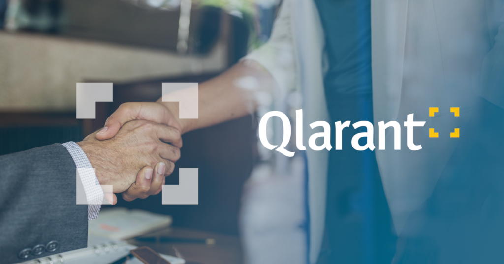 Qlarant logo over people shaking hands