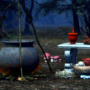 A witch's cauldron in the woods