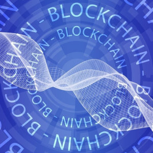 Square Blue Blockchain graphic with mesh pattern flowing across