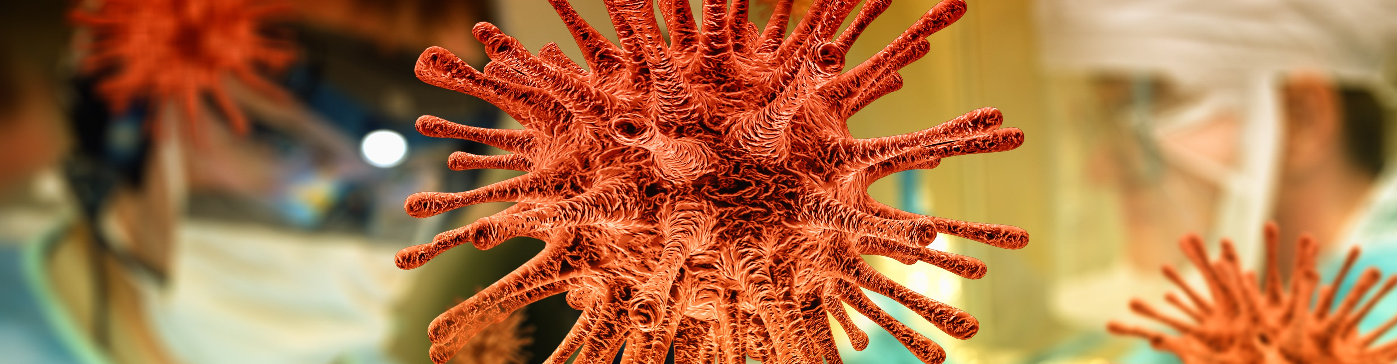 Close up of virus with scientists in protective gear behind