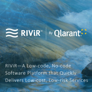 RIViR by Qlarant logo over an image of flowing water with rocks