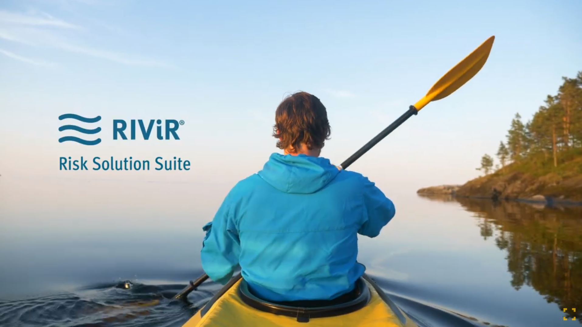 Kayaker on calm water with RIViR logo