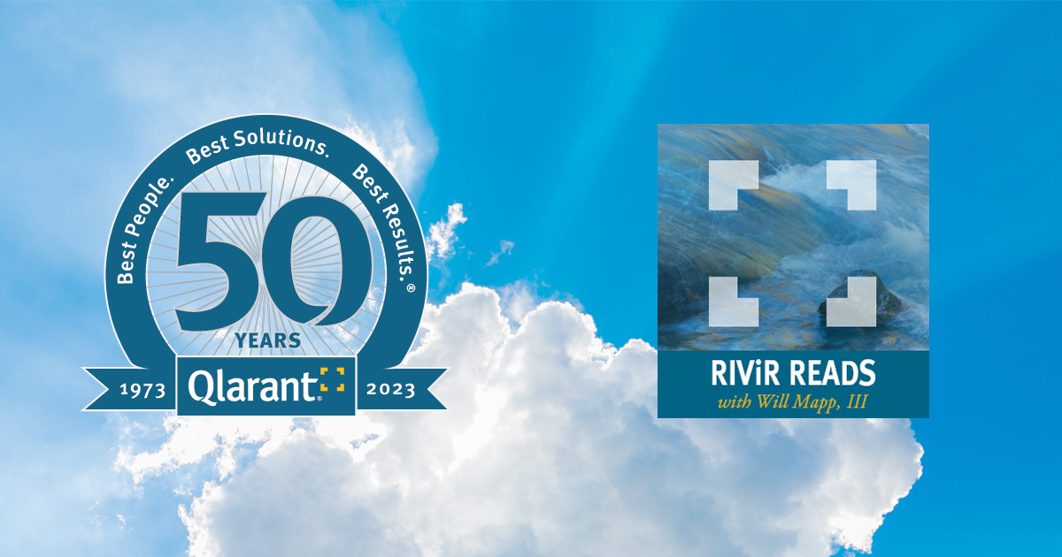 Qlarant 50th Anniversary and RIViR Reads logos against blue sky with sunlight behind a cloud