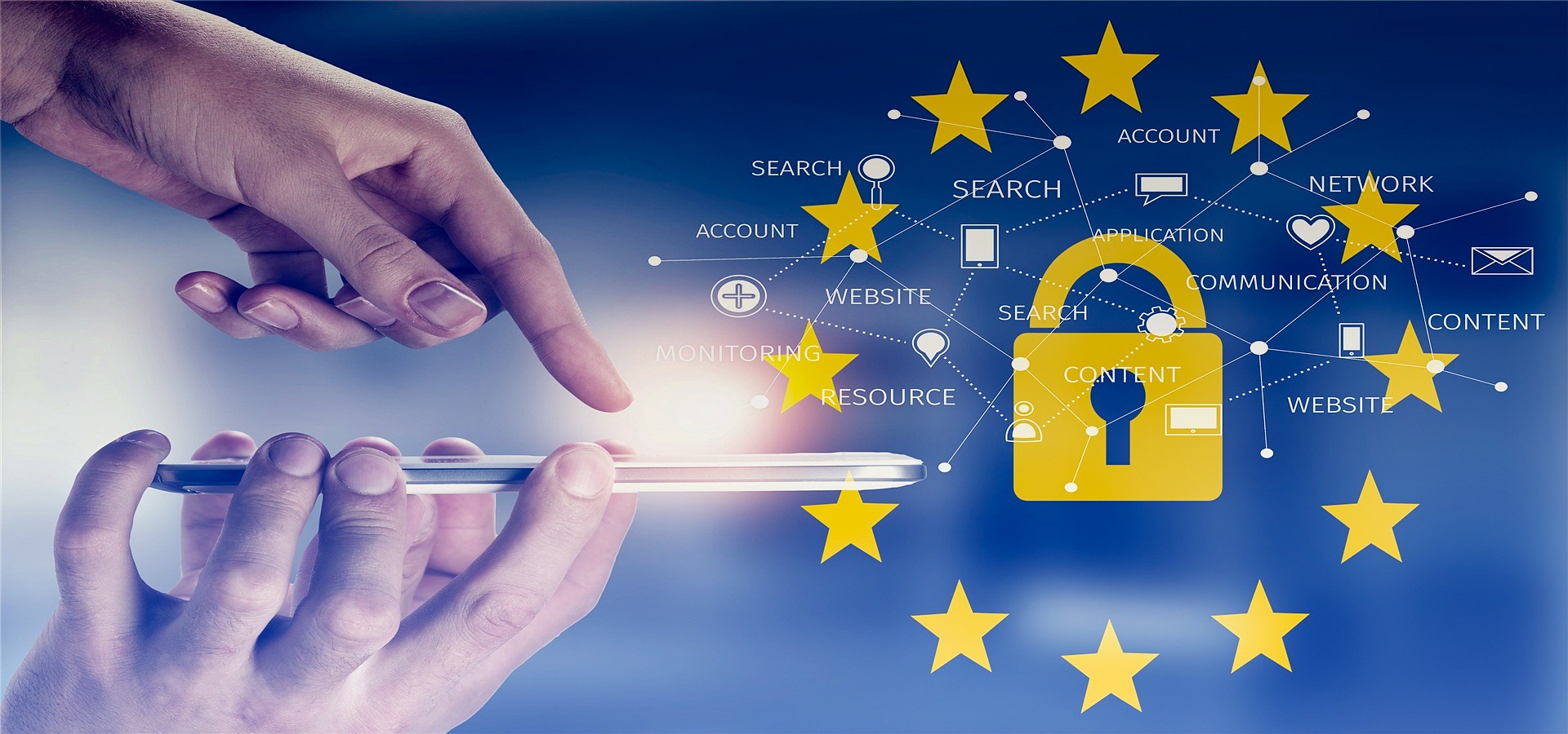 Data Privacy words, a lock, and a hand with a phone.