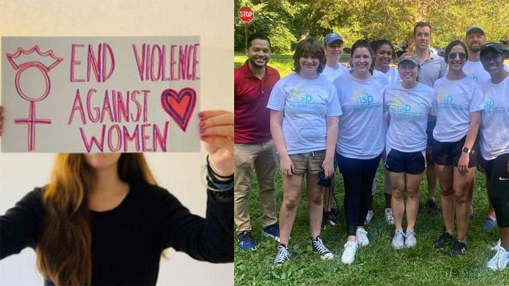 Group posing on right and woman holding a sign on left