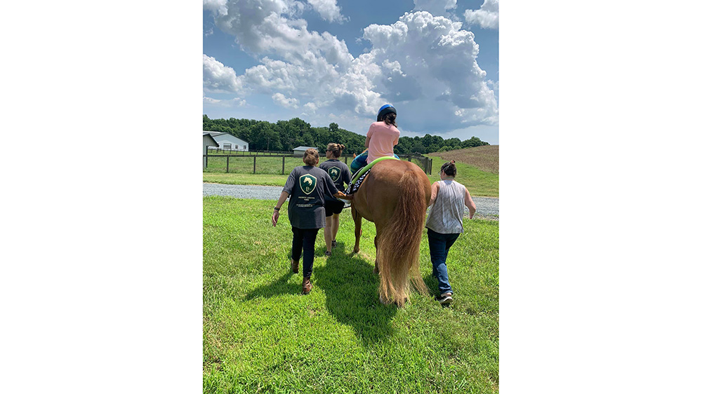 People ourdoors in a field with a horse